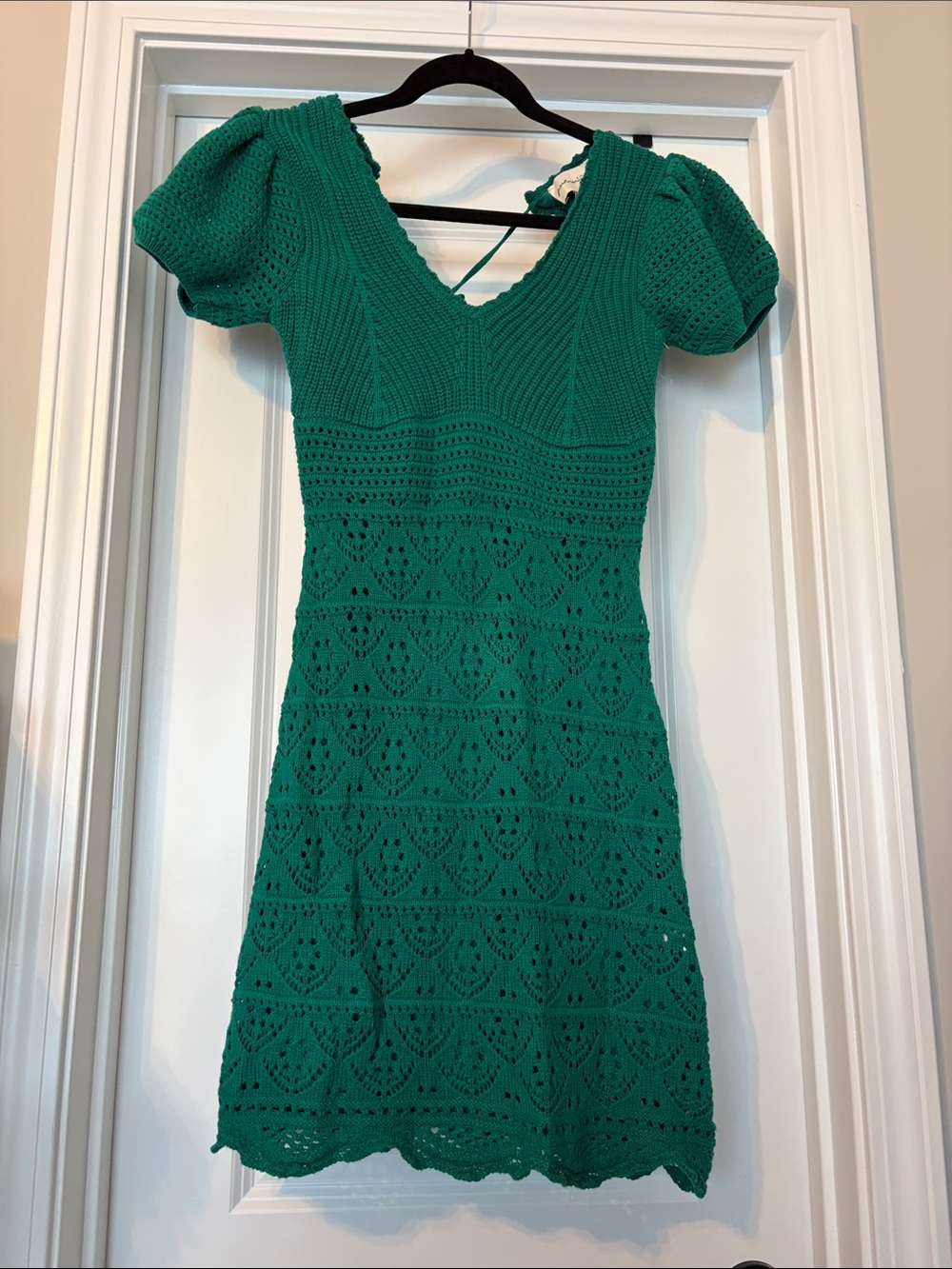 Green Crochet Puff-Sleeve Mini Dress